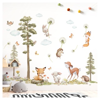 DEKO KINDERZIMMER Wandtattoo Waldtiere Baum Wandsticker Fuchs Hase Reh Wandaufkleber Babyzimmer Pusteblume Kinderzimmer Wanddeko DK1137-05