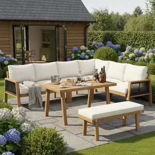 Flieks Gartenlounge-Set 6-tlg. aus Akazienrahmen, Gartenmöbel-Set für 7-8 Personen, Sofagarnitur Gartengarnitur mit Hocker & Tisch, Creme - Naturbelassen