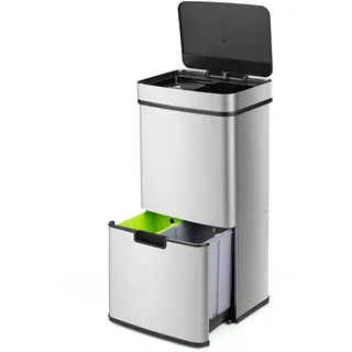 FANTASK 72L Mülleimer Küche, 4 Fächer Edelstahl Bin mit Sensor, Automatisch Abfalleimer mit Softclose-Deckel Klemmring, Mülltrennsystem 2 x 11L + 3,5L + 46,5L, für Küche Büro (Silber)