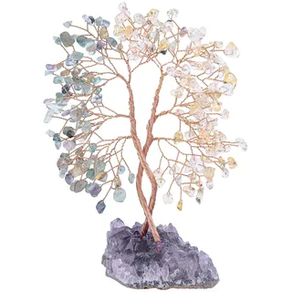 KYEYGWO Citrine & Fluorite Heilung Kristall Geldbaum auf Natürlichen Amethyst Drusensegment Rohstück Basis, Feng Shui Bonsai Baum Deko Stein Glückbaum Liebe Edelsteinbaum Ornament