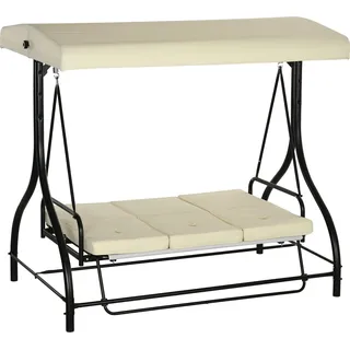 Outsuuny 2 in 1 Hollywoodschaukel mit Liegefunktion 3-Sitzer Gartenschaukel mit verstellbarem Sonnendach, Schaukelbank belast bis 240kg, Gartenliege für Garten, Terrasse, 195x117x175 cm, Beige