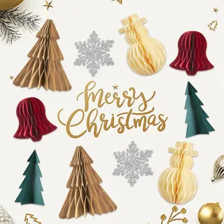 SUNBEAUTY 12 Stück Tischdeko Weihnachten Grün Papier Weihnachtsbaum Deko Schneeflocken Hängend Papier Weihnachtsglocken Weihnachtshütte Weihnachtsdeko Innen Wiederverwendbar Christmas Deko