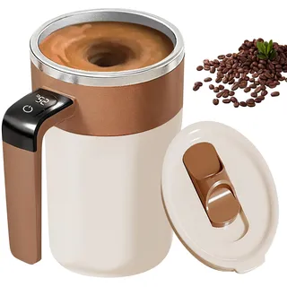 Selbstrührende Tasse, 400ML Magnetischer Rührbecher mit Temperaturanzeige, 304 Edelstahl Selbstmischende Kaffeetasse, Elektrischer Automatischer Selbstrührung Kaffeebecher für Kaffee Tee Milch(Braun)