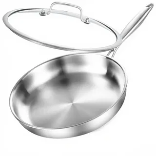 DELARLOCHEF Edelstahlpfanne 24.2 cm mit Deckel,3-Schicht Edelstahl Pfanne Induktion,Unbeschichtet ohne PTFE und PFOA,Geeignet für alle Herdarten