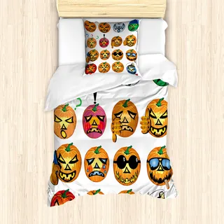 ABAKUHAUS Halloween Mantele, Kürbis Emoticon, Milbensicher Allergiker geeignet mit Kissenbezügen, 135 cm x 200 cm - 80 x 80 cm, Orange - Orange