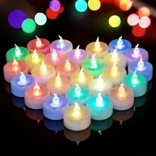 Yakpo 24 Stück bunte LED-Teelichter mit schnellem Farbwechsel, batteriebetrieben, flammenlos, flackernd, farbige elektrische Teelichter bunt für Weihnachten, Geburtstage und Halloween-Dekorationen
