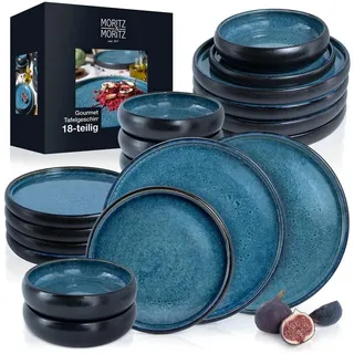 Moritz & Moritz Gourmet Tafelservice Blau 18-tlg Steinzeug Geschirr Set 6 Personen - L/B/H ca. 44,00x33,50x38,00