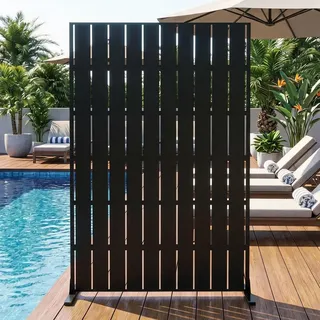 Sichtschutz Metall, Freistehender Paravent 183x119 cm, Wetterfester Sichtschutz für Garten, Terrasse & Balkon, Raumteiler mit Ständer, Verzinkter Stahl für Outdoor & Deko, Vertikale Streifen Schwarz