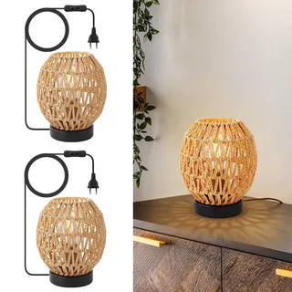 WILON Lampe Wohnzimmer Tischlampe, 2 Stück Rattan Tischlampe, Kleine Tischlampe mit Stecker, Handgewebte Lampenschirme, E27 Schreibtischlampe Retro, Nachtlicht Lampe für Schalfzimmer, Esszimmer