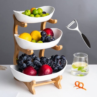 AmkWood 3-stöckige Keramik-Obstschale mit Bambusholzständer für Küchentheke, Porzellan-Obstkorb für Gemüseaufbewahrung, Snack-Dessert-Kuchen-Tablett-Tellerregal für Party-Hochzeit (Keramik)