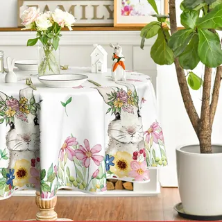 Artoid Mode Blumen Kaninchen Hasen Frohe Ostern Tischdecke Rund 140 cm, Saisonnal Frühling Fleckschutz Tischwäsche Küche Dekoration Party Dekor