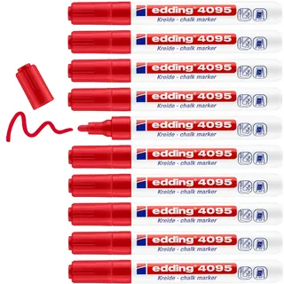 edding 4095 Kreidemarker - rot - 10 Kreidestifte - Rundspitze 2-3 mm - Kreidestift für Tafel abwischbar - zum Beschriften von Fenster, Glas, Spiegel - Tafelstift mit deckenden Farben