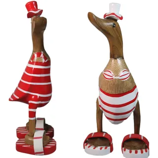 ART-CRAFT 2X Holz Ente Lauf Ente Gartendeko Figur aus Bambus Wurzel und Teak Holz rot Bikini Paar handbemalt 25cm hoch