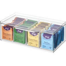 iDesign Teebeutel Aufbewahrungsbox, Tee Aufbewahrung mit 4 Fächern, Deckel und Schubladenfunktion aus Kunststoff, stapelbare Teebox mit verstellbaren Trennwänden, durchsichtig