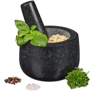 Relaxdays Granit Mörser mit Stößel Ø 12 cm 300 ml schwarz