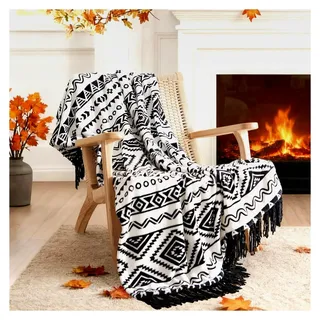 Boho-Überwurfdecke – schwarz und weiß, dekorative Decken mit Quasten, bedruckter Flanell, Bohemian-Überwurfdecke für Stuhl, Bett, Sofa, Couch (50 x 60 cm)