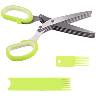 Qaixwuyi Küchenschere mit 5 Klingen Edelstahl Grün Kräuterscheren Gewürzschere Zwiebelhalter Gemüseschere Lauchschere Schalottenschere Küchenschere mit Hülle Reinigungskamm