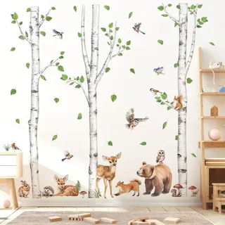 wondever Wandtattoo Baum Birke Groß Waldtiere Wandaufkleber Tiere Bär Rehe Füchse Wandsticker Wanddeko für Kinderzimmer Babyzimmer Schlafzimmer