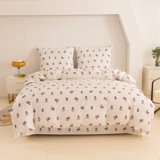 Bettwäsche - 135x200 cm - Bettbezug und Kissenbezügen Set - Rosen - Mikrofaser Baumwolle - 1 Kissenbezug 70x80 cm - Weiß, Rot, Grün