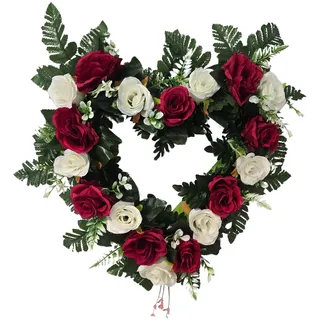 DRW Herz aus weißen und roten Rosen, Zentrum für künstliche Blumen, Friedhof, Kirche, Hochzeit, Grabstätten, 65 x 30 x 65 cm