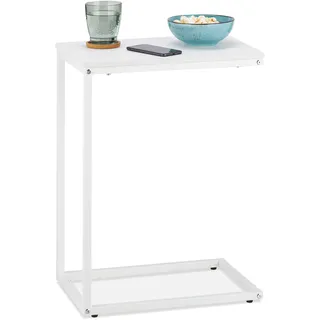 Relaxdays Beistelltisch C-Form, HBT: 60 x 30 x 45 cm, Sesseltisch zum Unterschieben, Metall & Holzoptik, Sofatisch, weiß