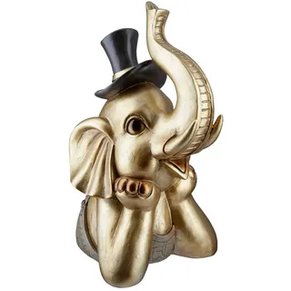 GILDE Deko Figur Skulptur Elefant mit Zylinder - Tierfigur aus Kunstharz - Dekoration Wohnzimmer - Farbe: Gold - Höhe 29 cm