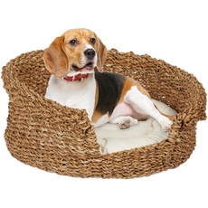 Relaxdays Tierbett für Hunde und Katzen, rund, H x D: 18 x 46 cm, Katzenliege, Hundekörbchen, aus Seegras, Natur/Creme