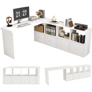 Gisaae Eckschreibtisch 360° schwenkbar mit Sideboard und Schubladen , Weiß , Holzwerkstoff , 120x78x48 cm , Büromöbel, Schreibtische, Eckschreibtische