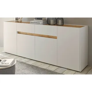 Sideboard "Center" in weiß mit Wotan Eiche, Kommode 4-türig 220 x 87 cm - Weiß, Naturbelassen