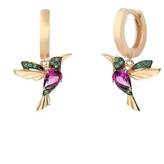 Einzelstück® Kolibri Hoops I 925 Sterling Silber Ohrringe im Vogel Design I Kreolen mit grünen und pinken Zirkonia Steinen I 14K Gold & Rosegold I Allergikerfreundlicher Echtschmuck (Gold)