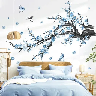 decalmile Wandsticker Baum Ast Blüten Wandtattoo Kirschblüte Blau Vögel