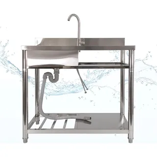 Spültisch freistehend, Wasserhahn mit Kalt Warm Anschluss, Spülbecken Größe L - Silber