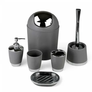 6tlg Badset Badezimmer Zubehör Set Organizer: Seifenspender, Zahnputzbecher, Kosmetikeimer, WC Bürste und Halter, Seifenschale, Mülleimer, Zahnbürstenhalter, Badgarnitur (Grau Dunkel Design 1)