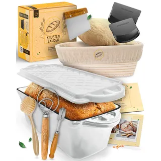 KRUSTENZAUBER Gusseisen Kastenform im XXL-Set für gelungenes Brot zu Hause | Emaille Backform mit Deckel als Backset für Anfänger mit Zubehör wie Gärkorb, Schneebesen, Teigschaber-, Messer, Brotschlinge