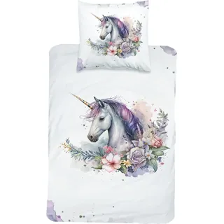 MTOnlinehandel Bettwäsche Magische Tierwelt Unicorn Blumen, 100% Baumwolle, 1 Kissenbezug 80x80 cm + 1 Bettbezug 135x200 cm, Reißverschluss, Wendebettwäsche Lila (Einhorn)