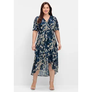 Sommerkleid SHEEGO "Abendkleid", Damen, Gr. 56, Normalgrößen, blau (nachtblau, gemustert), 100% Polyester, geblümt, gemustert, mehrfarbig, lang, V-Ausschnitt, Kleider Sommerkleid