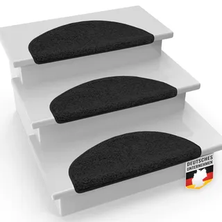 Floordirekt Shaggy-Stufenmatten Barcelona - 1 Stück Set - Treppenmatten in 16 Farben, Strapazierfähig & pflegeleicht, Stufenteppich für Innen (Schwarz, Halbrund 65 x 23,5 cm)