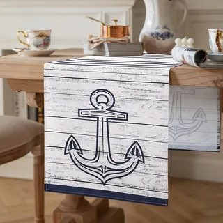 Tischläufer Grau Modern Küche Esstisch Dekoration Tischläufer 40 x 140 cm Leinen Tischläufer Landhausstil Retro Art Maritimes Thema Blau Streifen und Anker für Drinnen und Draußen Urlaub Party Dekor