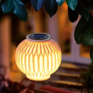 Solarlaterne Lampion außen wetterfest Ibiza | Sandsteinoptik | Solarlampe hängend | Balkondeko Terrassendeko | LED Gartenbeleuchtung Camping-Zubehör outdoor BBQ | 2700K H=15cm 102670 - Weiß