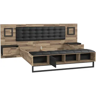 FORTE JAKOBINA Bett mit Nachtkommoden und 2 Schubladen und 1 Tür, Liegefläche 180 x 200 cm, Holzwerkstoff, Planked Eiche / Schwarzeiche, 296.8 x 119.7 x 234.5 cm