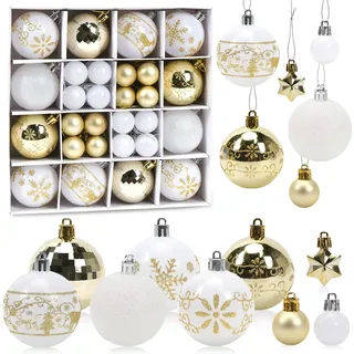 Weihnachtskugeln Weiß Gold, 44 Stück Christbaumkugeln Kunststoff Set, Weihnachtsdeko Kugeln Stern, Christbaumschmuck Große & Kleine, Weihnachtsbaumschmuck Weihnachtsbaum Deko