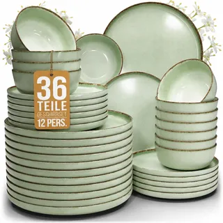Steingut Geschirrset 12 Personen Rustic 36 tlg. TESTSIEGER, Hochwertiges Landhaussttil Steingut Geschirr Set, Schüssel- und Teller Set, Tafelservice 12 Personen, Geschirrsets Pure Living in Mintgrün