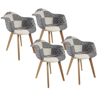 HOME DECO FACTORY, 4 Sessel, skandinavischer Stil, Patchwork-Stoff, geneigte Füße aus Gummibaumholz, weiche Sitzfläche, 62,50 x 84,5 x 64 cm, Sitzhöhe: 48 cm