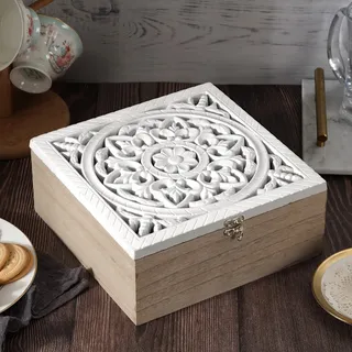 JUJOYBD Mojawo Teebox Holz Weiß Deckel 9-Fächer mit Aufschrift TEA, Vorratsbehälter,
