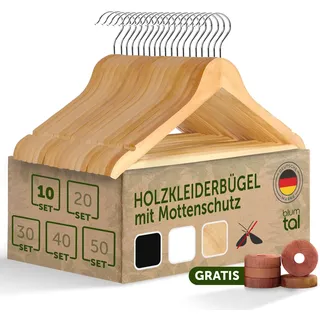 Blumtal - Set mit 10 Kleiderbügel aus Naturholz – Rutschfester Holzbügel – für Erwachsene mit 360° drehbarem Haken aus Chrom – mit 2 Kerben – mit Rutschfester Aufhängestange, Natur