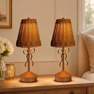 WLHBF 2er Set Rattan Tischlampe, Wiederaufladbar Stufenlos Dimmbar