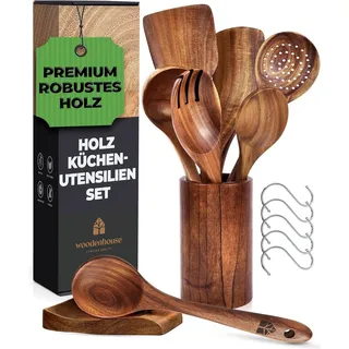 Holz Kochbesteck-Set mit Halter, Pfannenwender Kochlöffel Schöpfkelle Nudelheber Servierlöffel Sieb – mit Haken, Halter und Ablage – 13-teiliges-Set Küchenset – hochwertig & nachhaltig