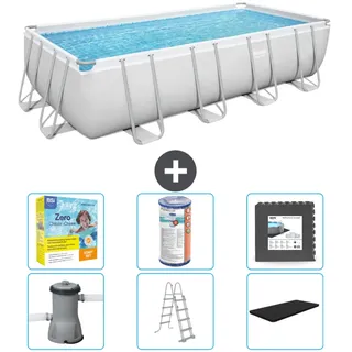 Bestway Rechteckiges Power Steel-Schwimmbecken – 488 x 244 x 122 – Grau, inklusive Pumpe – Leiter – Abdeckung Wartungspaket - Filter - Bodenfliesen