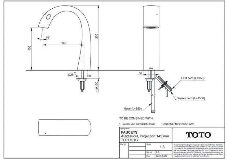 Bild von TOTO Automatikarmaturenauslauf, Thermostatmischer, 3 l/min., Ausladung 145mm, Auto Function, Soft Flow, berührungslose Temperaturregelung, TLP01701G