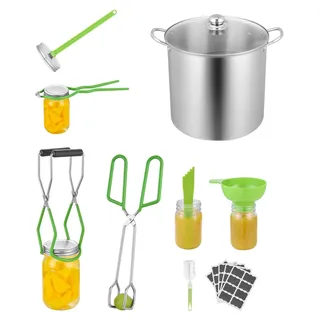 SucceBuy 9-teiliges Einmachzubehör Starter-Kit mit praktischem Werkzeugset (Topf, Edelstahlregal, Glasdeckel, PP-Trichter, Zange, Glasheber, Schraubenschlüssel, magnetischer Deckelheber, Seifenblasenaufsatz)